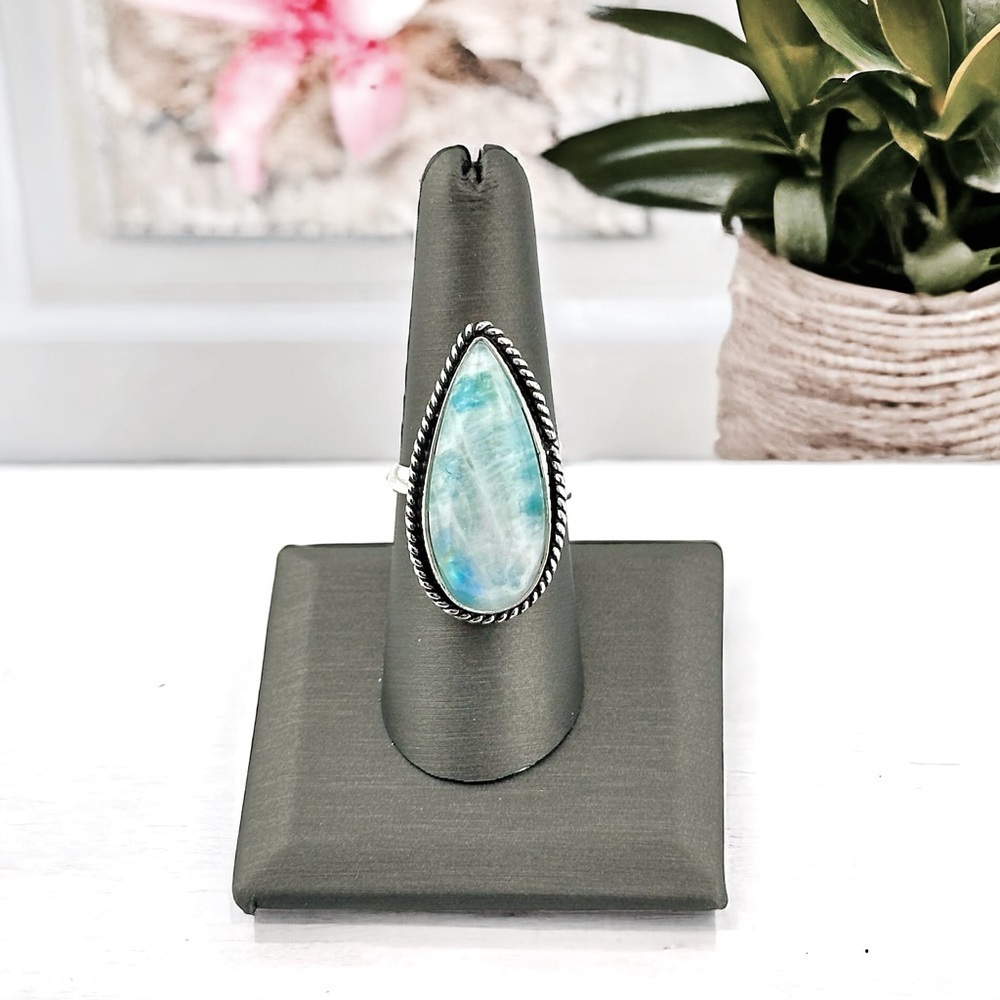 RAINBOW Moonstone Flashy 925 Silver Crystal Heart Gemstone Ring